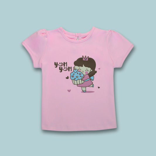Front view of girlish clothing pink cotton puff sleeve T-shirt with cute girl baby print by Littleseeds Kidswear