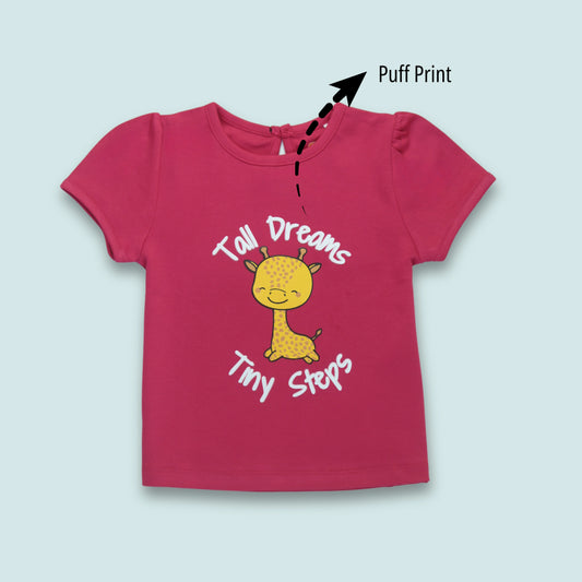 Front view of girlish clothing cotton puff sleeve T-shirt with giraffe print in dark pink from Littleseeds™
