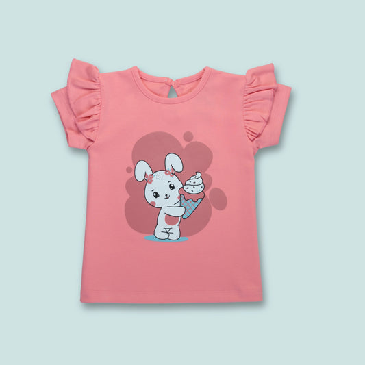 Front view of pink girls cotton half sleeve T-shirt with cute rabbit print – girlish fashion by Littleseeds Kidswear