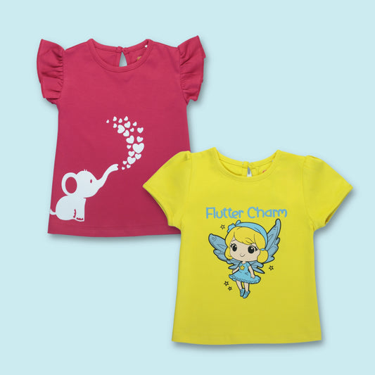 Combo set of girls cotton half sleeve T-shirts with elephant and fairy prints – stylish girlish outfits in dark pink and yellow by Littleseeds.