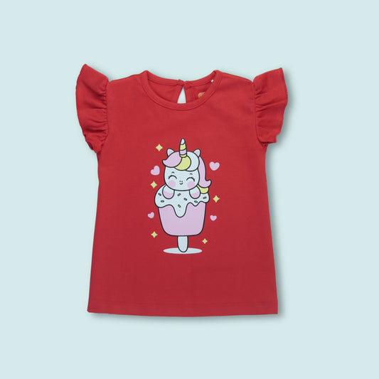 Front view of girlish outfits – red cotton frill sleeve T-shirt with unicorn print for girls from Littleseeds Kidswear