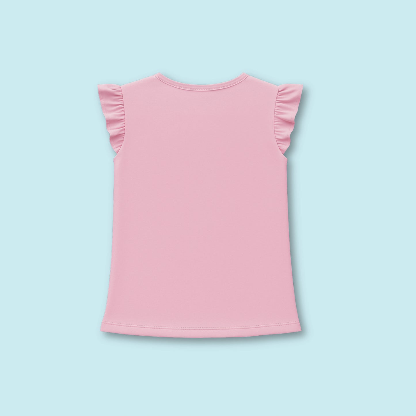 Back view of pink frill sleeve cotton T-shirt for girls — soft, comfortable girlish outfit perfect for everyday fashion