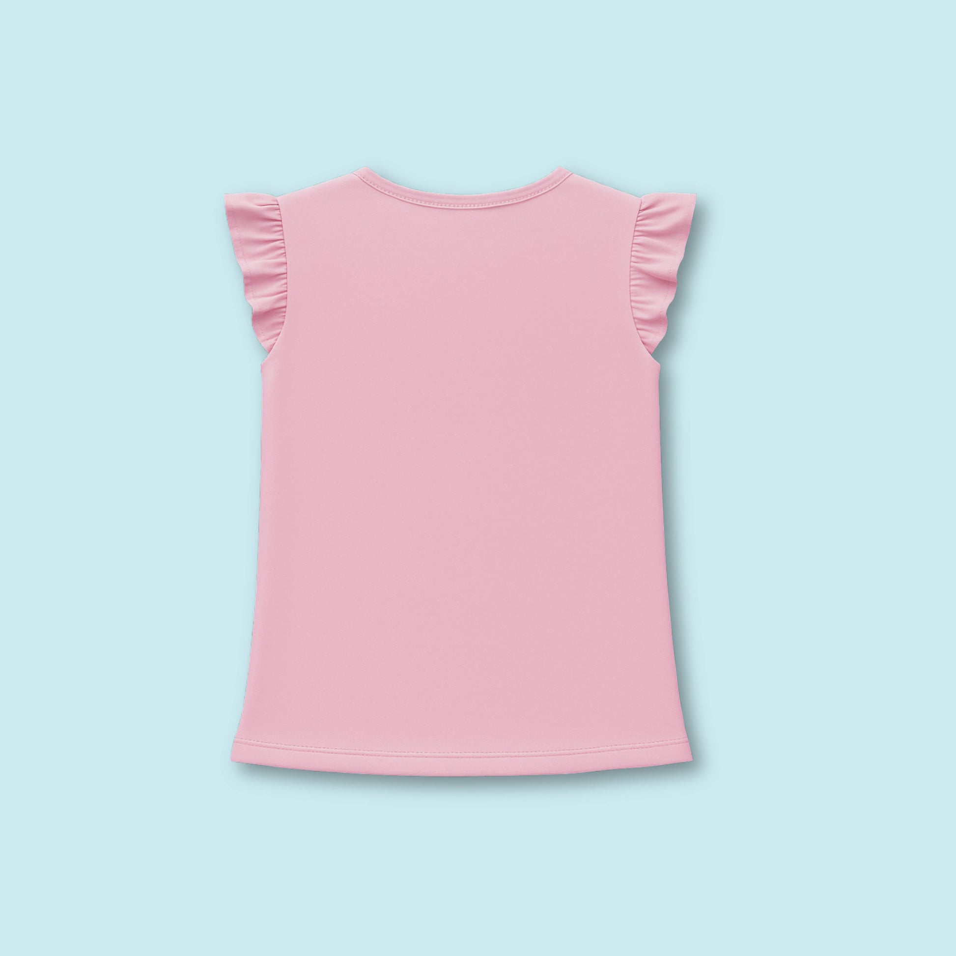 Back view of pink frill sleeve cotton T-shirt for girls — soft, comfortable girlish outfit perfect for everyday fashion