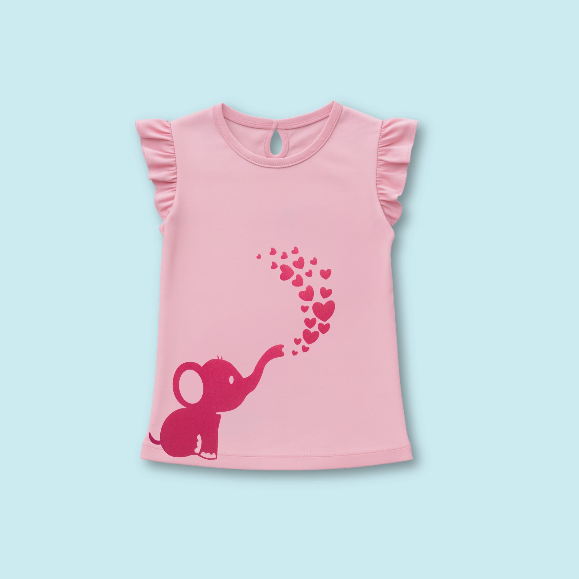 Front view of a pink girls’ cotton frill sleeve T-shirt with cute elephant print — stylish girlish outfit for casual wear by Littleseeds