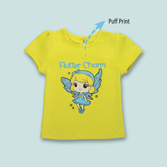 Front view of girlish outfits yellow cotton puff sleeve T-shirt with fairy print from Littleseeds™ Kidswear