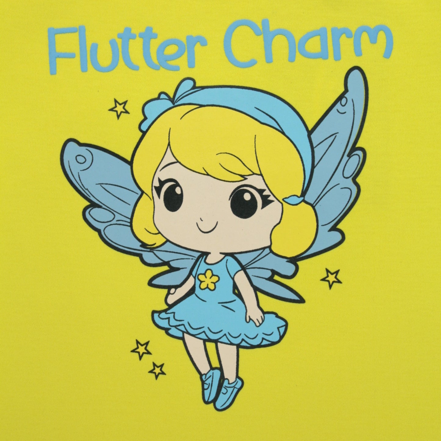 Close-up detail of fairy placement print on yellow cotton T-shirt – premium quality girlish outfits with fun design.