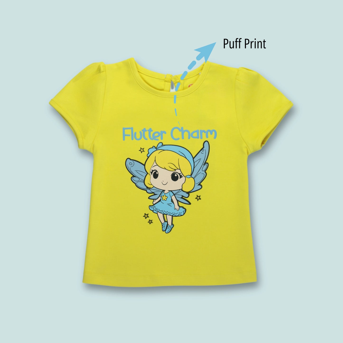 Front view of yellow cotton half sleeve T-shirt with fairy print – playful and stylish girlish outfits for everyday comfort.
