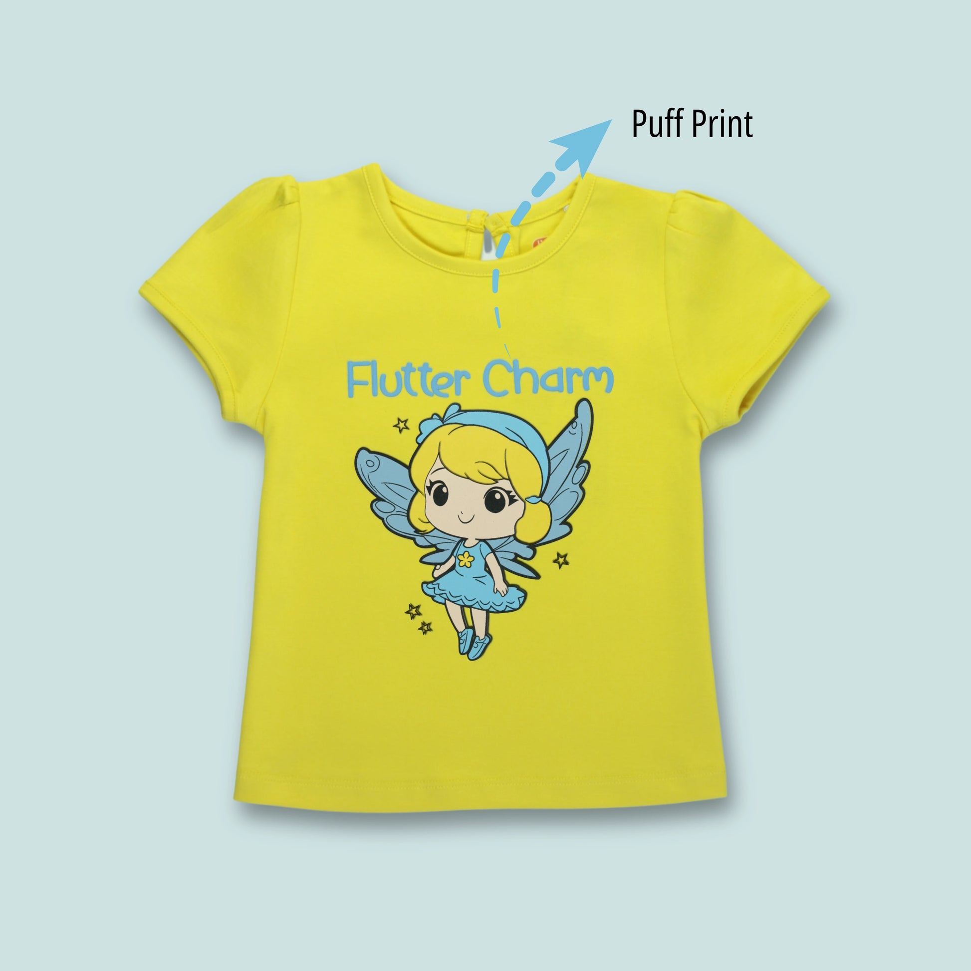 Front view of yellow cotton half sleeve T-shirt with fairy print – playful and stylish girlish outfits for everyday comfort.