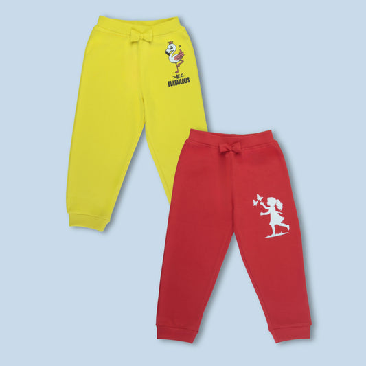 Girls cotton joggers set of 2 in red and yellow with girl baby and flamingo print – comfortable everyday wear from Littleseeds Kidswear