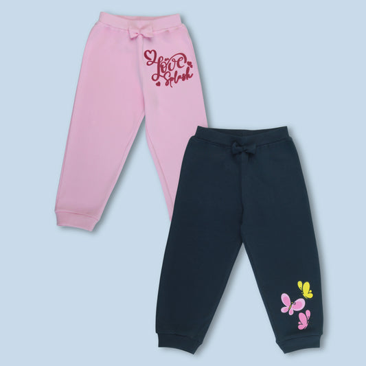 Set of 2 girls joggers in pink and navy with text and butterfly print – soft cotton joggers for everyday wear
