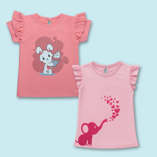 Combo set of girls cotton half sleeve T-shirts with elephant and rabbit prints – stylish and comfortable kiddies wears from Littleseeds.