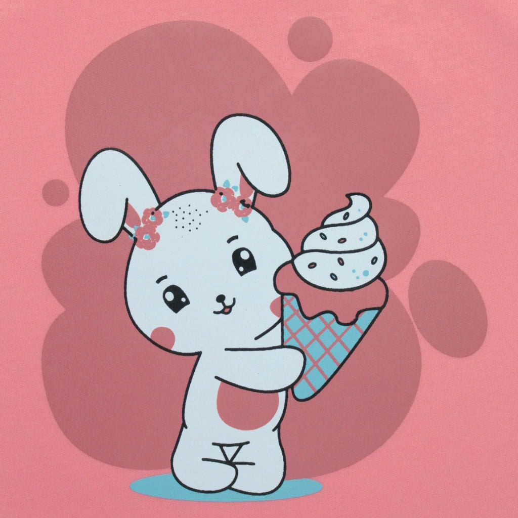 Close-up of playful rabbit placement print on pink T-shirt – stylish and fun kiddies wears for toddlers and kids.