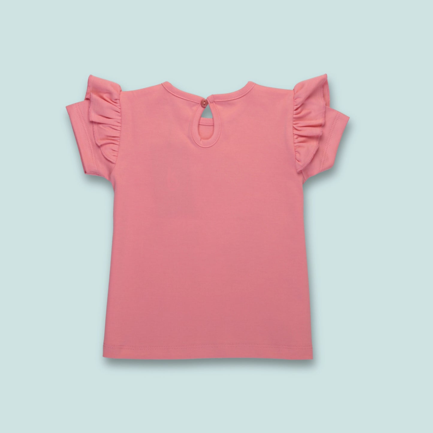 Back view of pink cotton rabbit print T-shirt – soft, lightweight kiddies wears perfect for everyday wear.