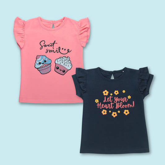 Set of 2 girls cotton half sleeve T-shirts with cupcake and floral print – stylish ladki dress combo in pink and navy by Littleseeds.