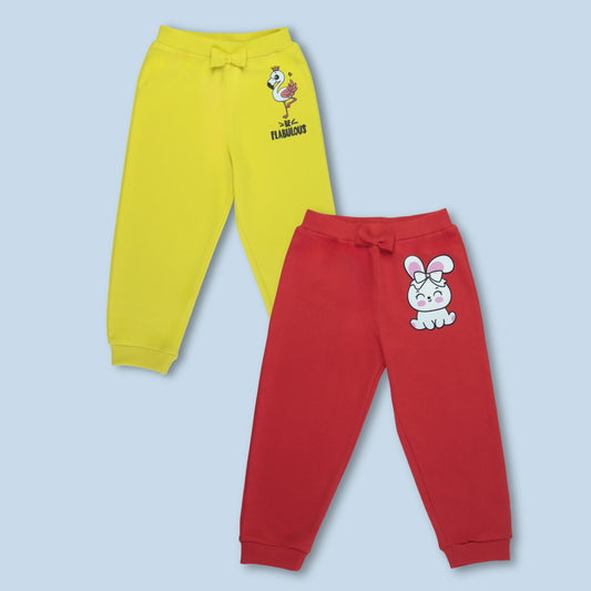 Set of 2 girls cotton joggers in yellow and red with flamingo and rabbit print – stylish ladki dress for everyday wear