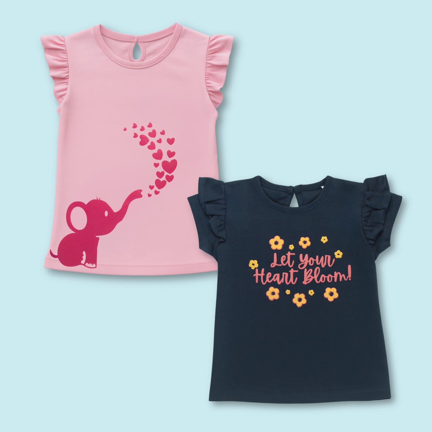 Combo of two cotton half sleeve T-shirts with elephant and floral prints – stylish ladki dress set in pink and navy by Littleseeds.