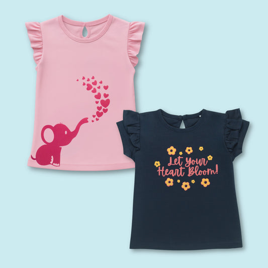 Combo of two cotton half sleeve T-shirts with elephant and floral prints – stylish ladki dress set in pink and navy by Littleseeds.