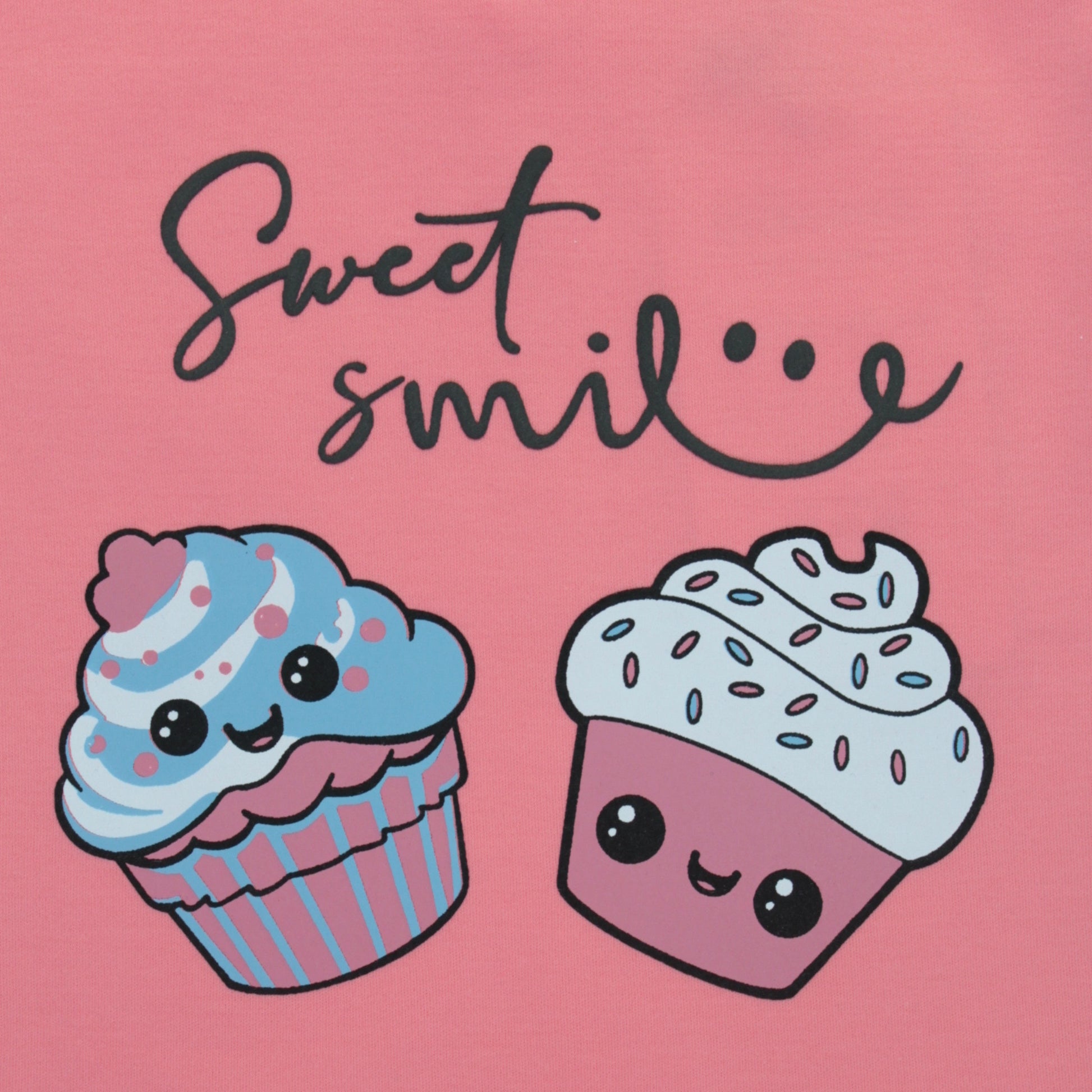 Close-up of cupcake placement print on pink cotton T-shirt – premium quality ladki dress with playful design.