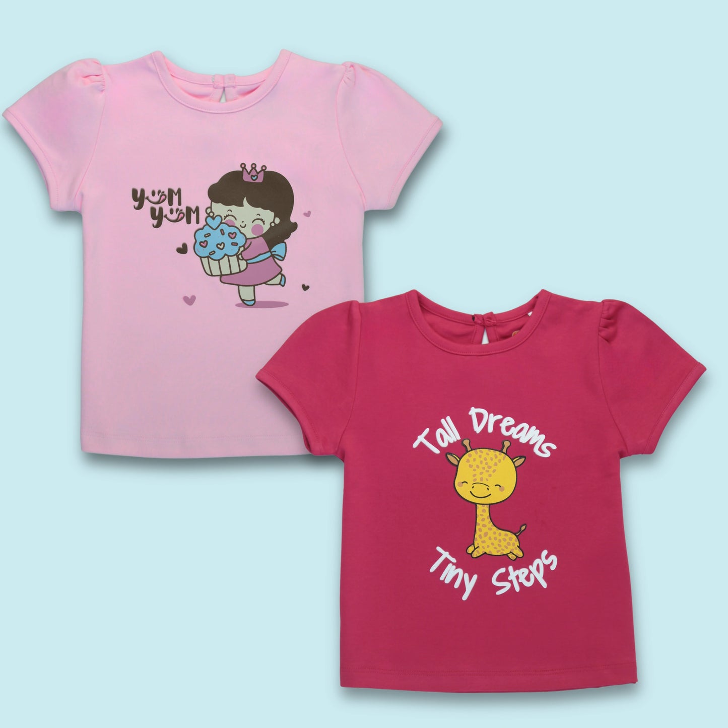 Combo set of girls cotton half sleeve T-shirts with cupcake and giraffe prints – soft and comfy night dress for childrens by Littleseeds.