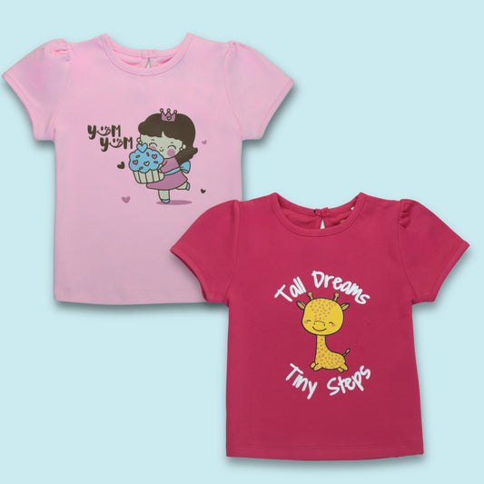 Combo set of girls cotton half sleeve T-shirts with cupcake and giraffe prints – soft and comfy night dress for childrens by Littleseeds.