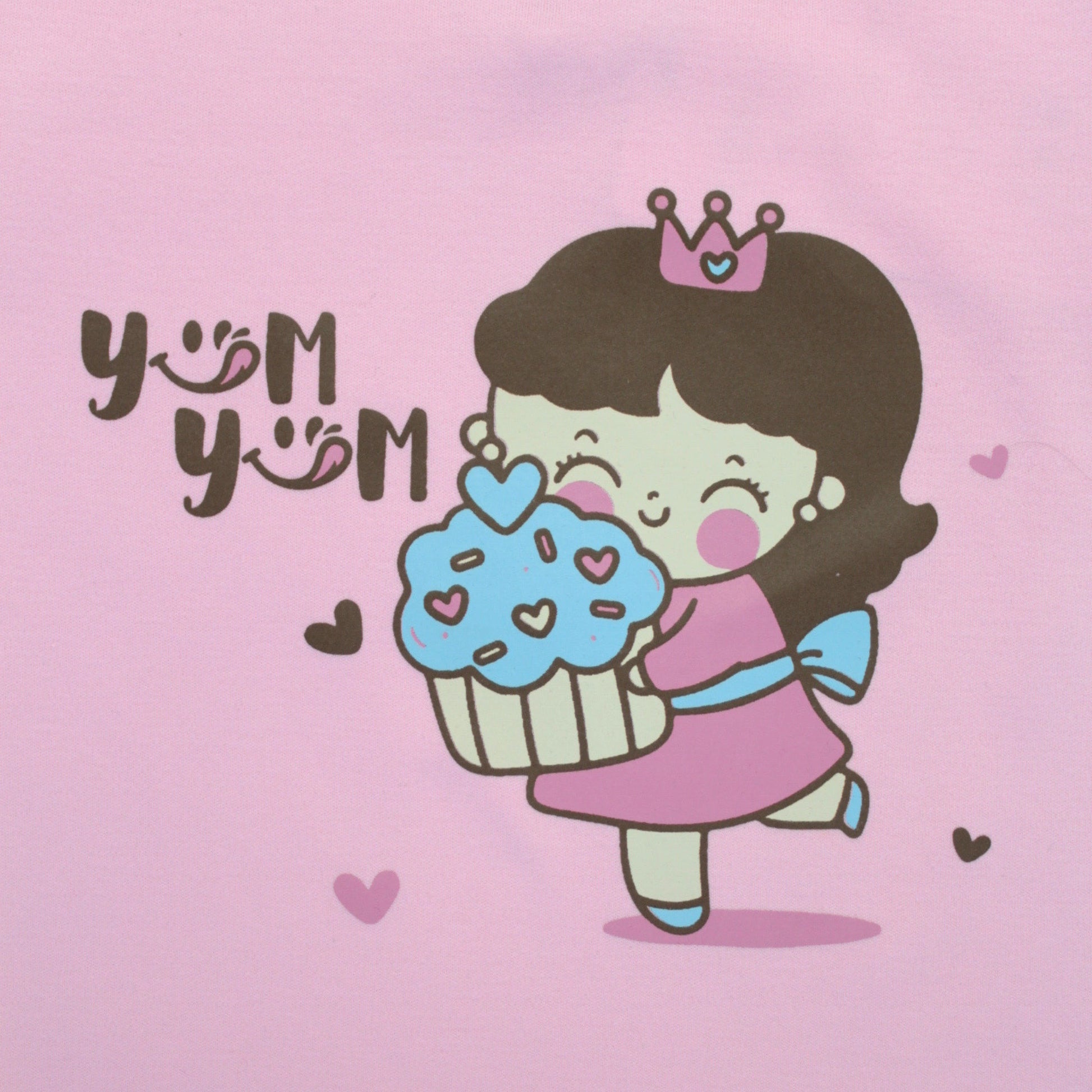 Close-up detail of cupcake print on pink cotton T-shirt – adorable and premium quality night dress for childrens.