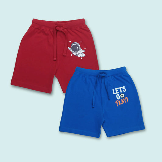 Boys Cotton Shorts with Text & Astronaut Print (Set of 2) – Royal Blue, Red | Littleseeds™ Kidswear
