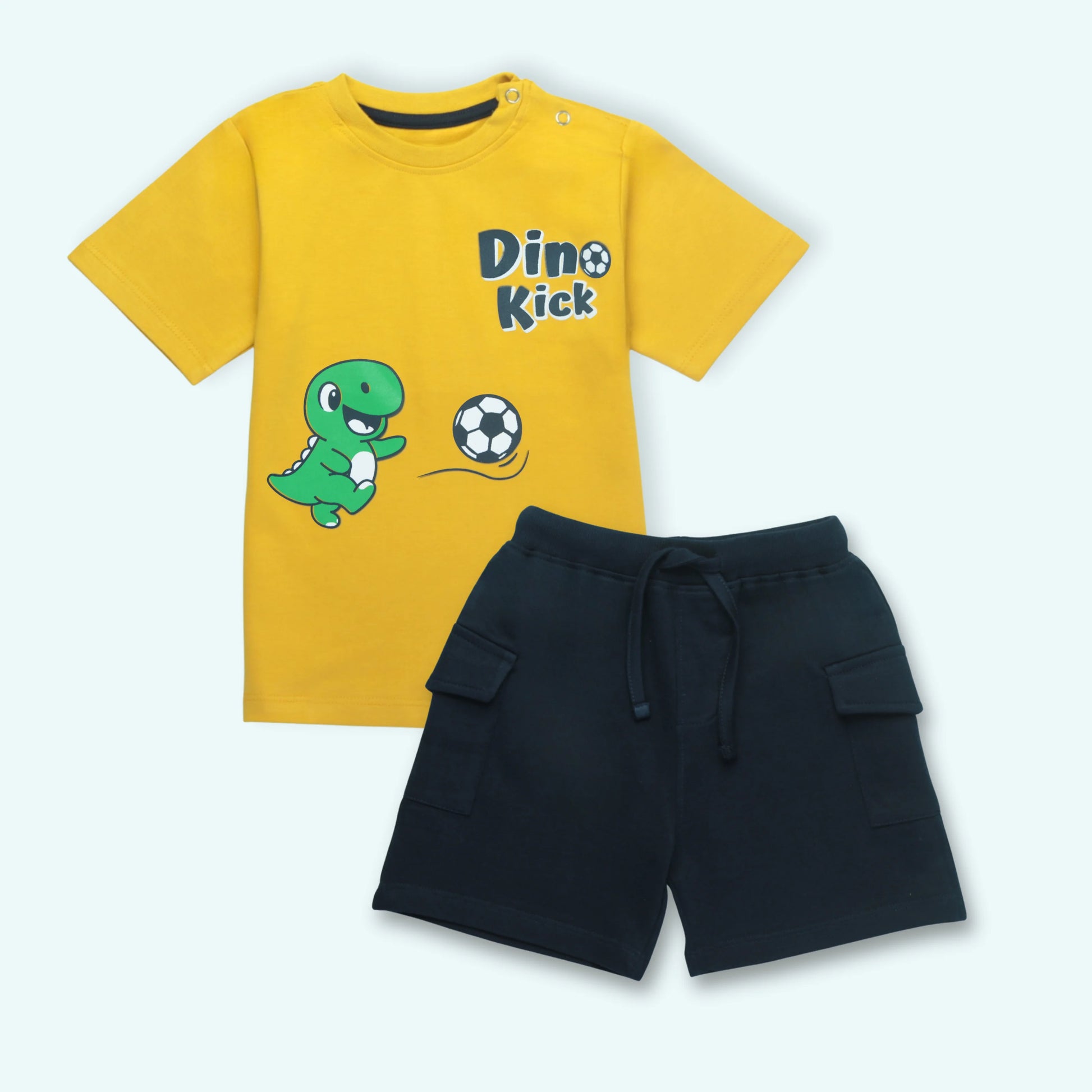 Boys cotton half sleeve t shirt and shorts set with dinosaur print in yellow and navy – combo view from Littleseeds™ Kidswear