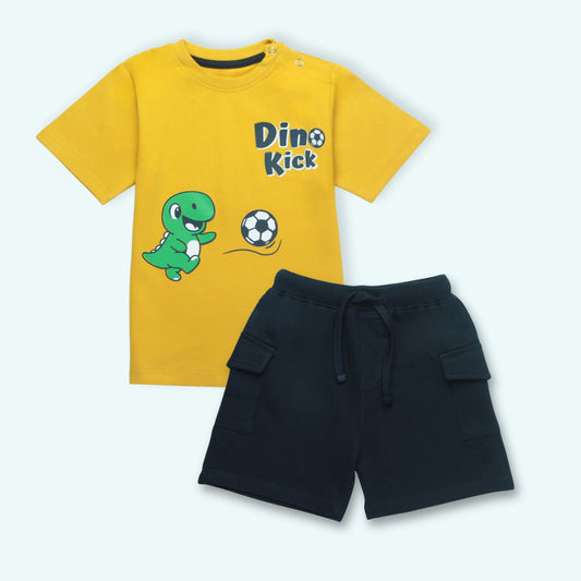 Boys cotton half sleeve t shirt and shorts set with dinosaur print in yellow and navy – combo view from Littleseeds™ Kidswear