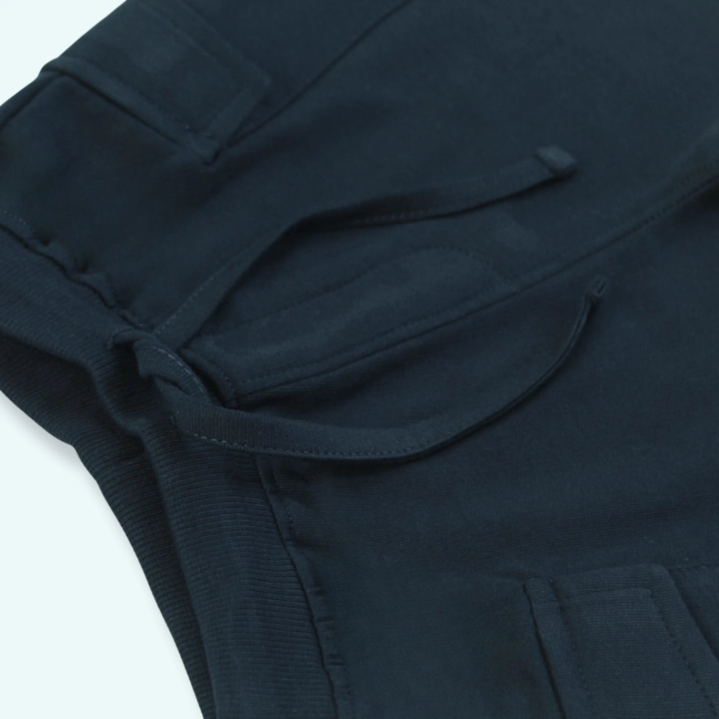 Close-up of navy cotton shorts included in boys t shirt and shorts set – breathable fabric and quality finish