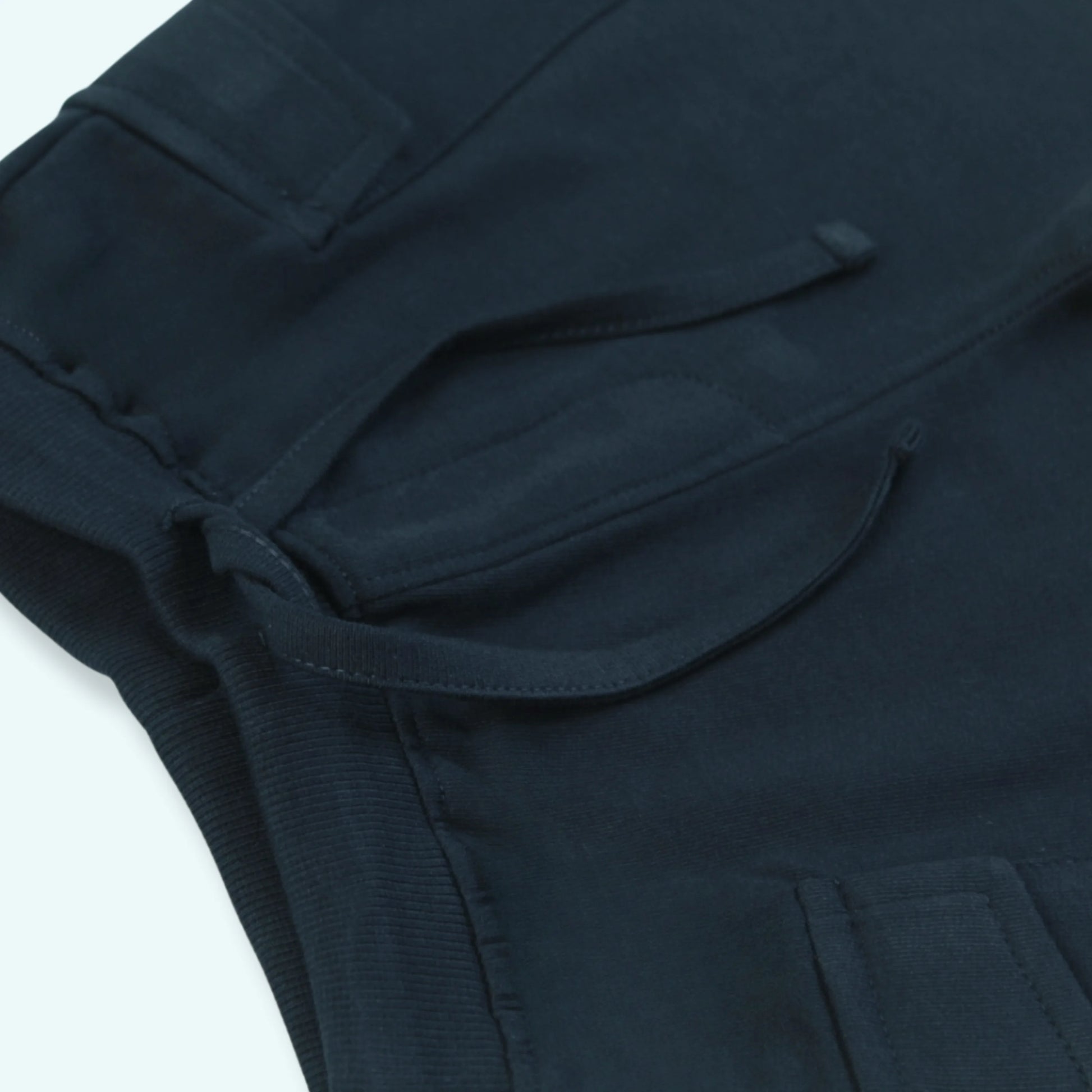 Close-up of navy cotton shorts included in boys t shirt and shorts set – breathable fabric and quality finish