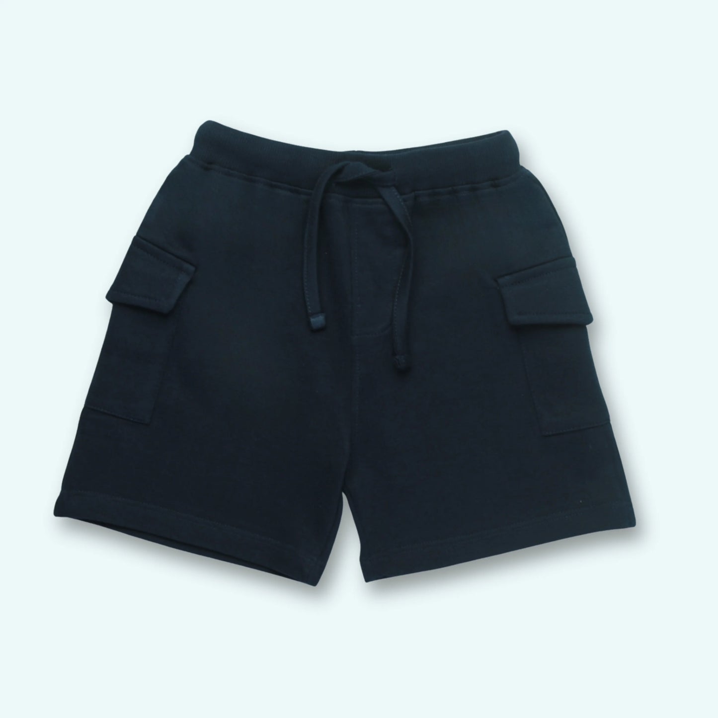 Boys navy cotton shorts designed to pair with yellow dinosaur t shirt – front view showing soft elastic waistband