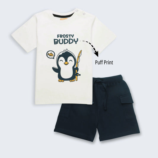 Premium boys cotton t shirt shorts set with cute penguin print in white and navy – complete outfit combo from Littleseeds™ Kidswear