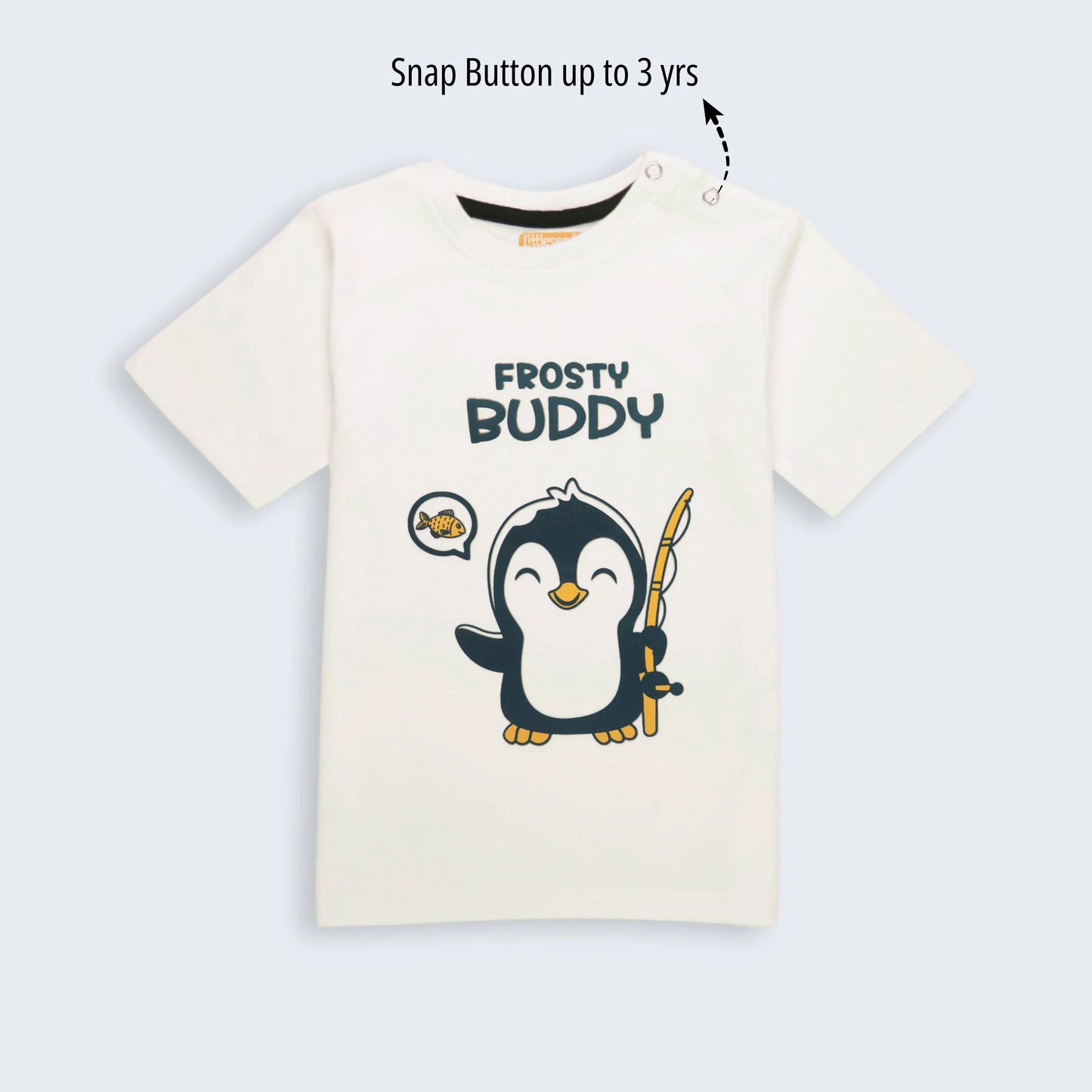 Soft cotton boys half sleeve t shirt with penguin print in white – part of stylish t shirt shorts outfit for everyday wear