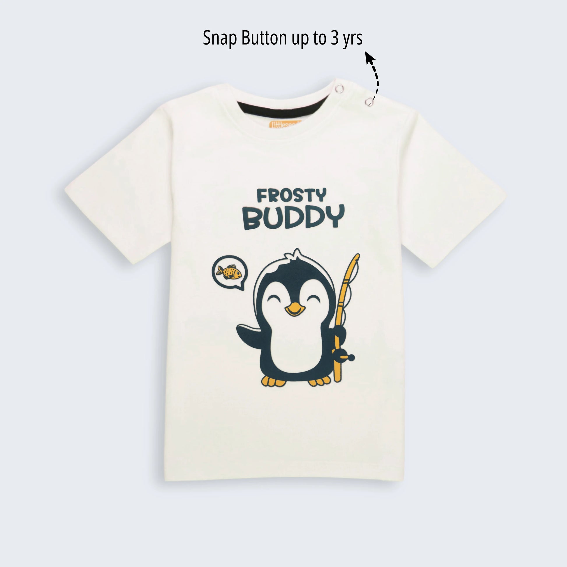 Soft cotton boys half sleeve t shirt with penguin print in white – part of stylish t shirt shorts outfit for everyday wear