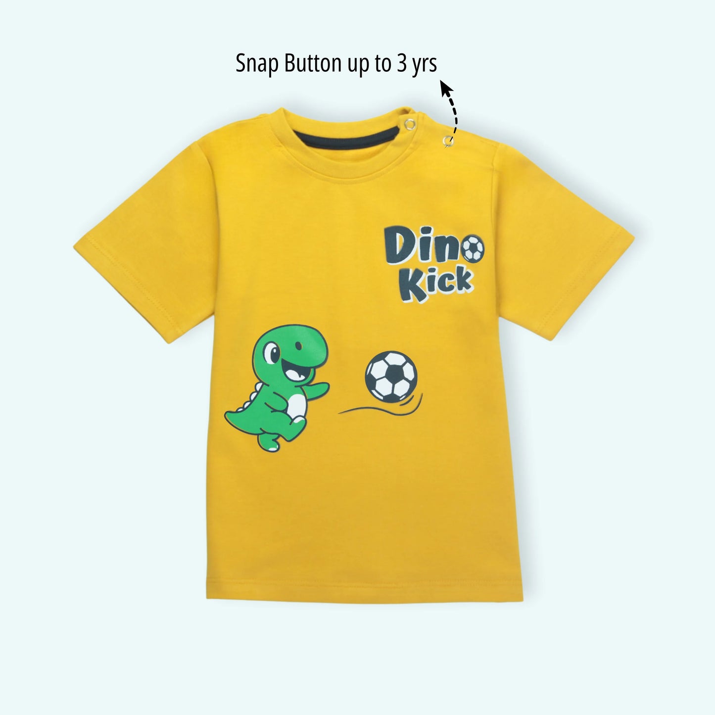 Soft cotton boys half sleeve yellow t shirt with playful dinosaur print – front view styled with matching shorts