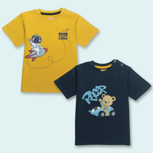 Set of 2 boys cotton half sleeve t shirts for infants with bear and astronaut print in navy and golden from Littleseeds™ Kidswear