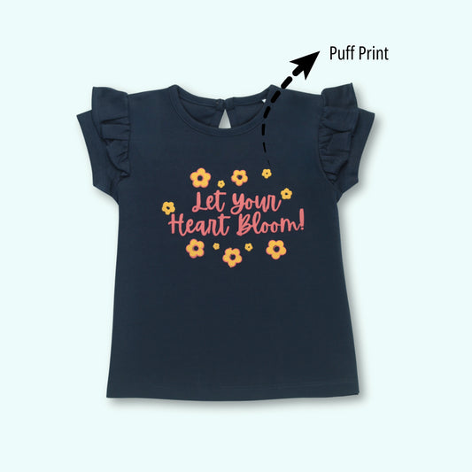 Front view of girls cotton half sleeve floral print T-shirt in navy blue – soft and breathable t shirts for infants by Littleseeds.