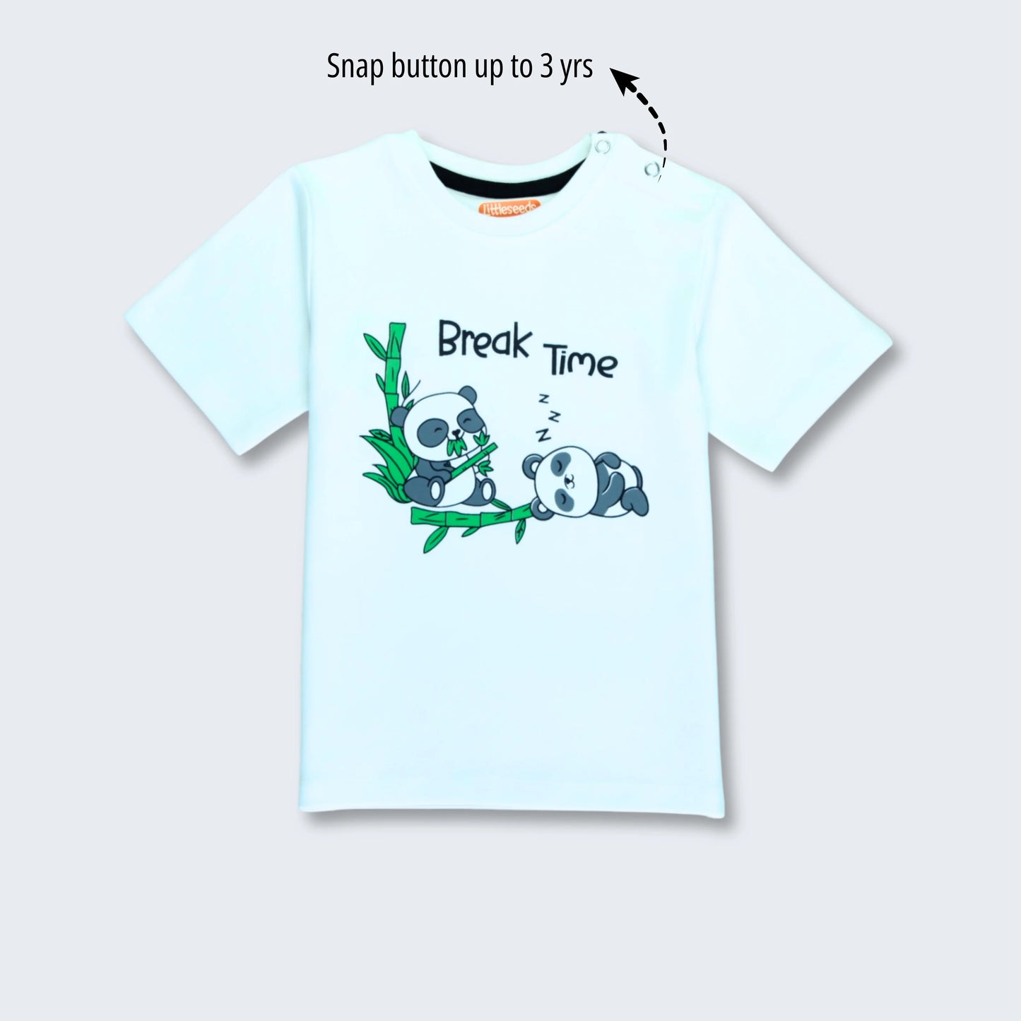 Front view of boys cotton half sleeve T-shirt with panda print in white — soft and comfortable t shirts for infants by Littleseeds™.