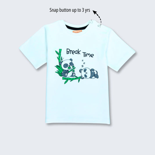 Front view of boys cotton half sleeve T-shirt with panda print in white — soft and comfortable t shirts for infants by Littleseeds™.