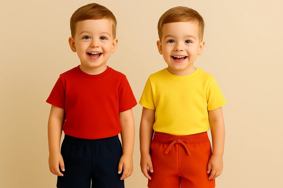Two smiling toddler clothes boys standing side by side against a beige background, one wearing a red T-shirt with navy shorts and the other in a yellow T-shirt with orange shorts.
