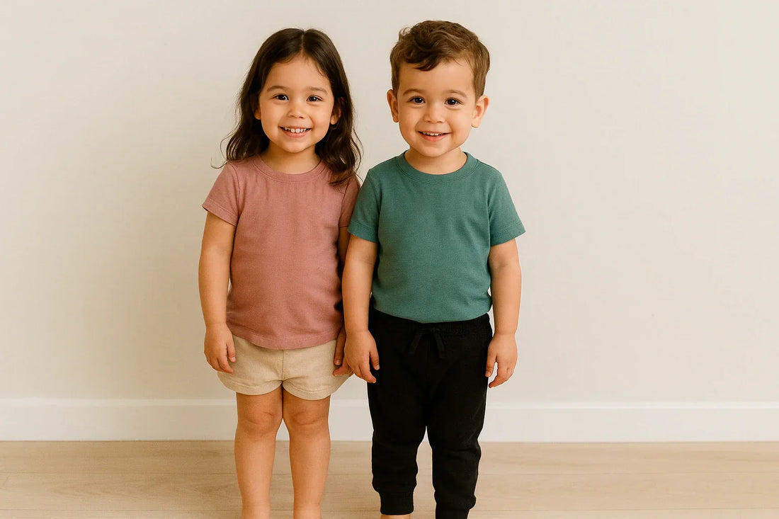 Two smiling toddlers under 5 years old, a girl and a boy, wearing ladkiyon ki dress trendy 2025-style casual outfits.