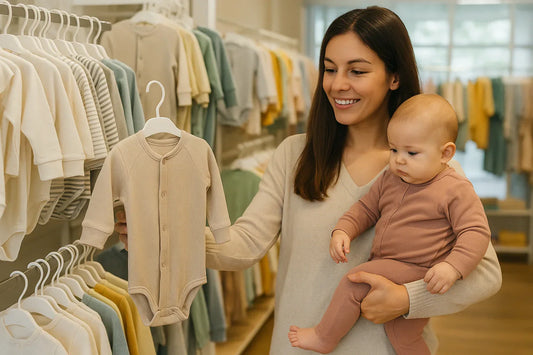 Mother holding her baby while shopping during a babywear sale, surrounded by racks of soft pastel baby clothes in a cozy store setting.