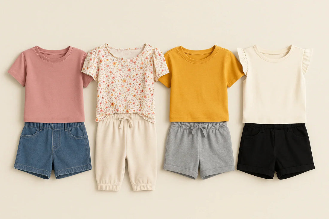Flat lay of back-to-school outfits for girls featuring pastel girlish shirts, denim shorts, and beige joggers arranged neatly on a neutral background.
