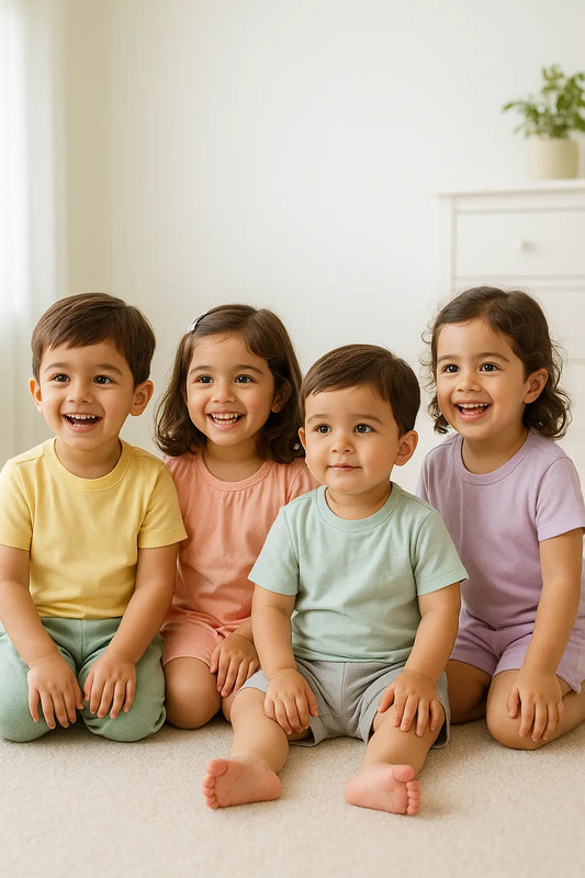 Happy kids wearing comfortable T-shirts, pants, shorts, and co-ord sets from the best brands for kidswear, showcasing soft fabrics and playful casual styles.