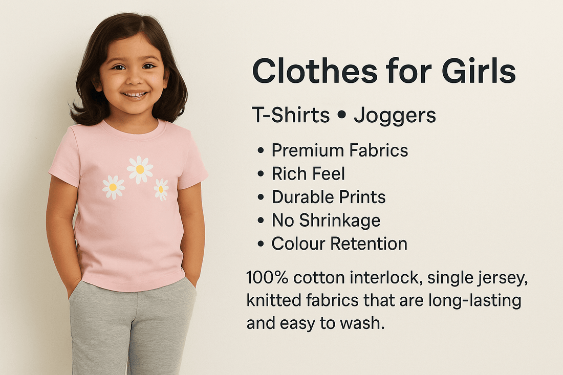 Smiling young girl wearing a pink T-shirt with daisy prints and grey joggers, standing beside text highlighting premium fabrics, durability, and easy-care clothes for girls