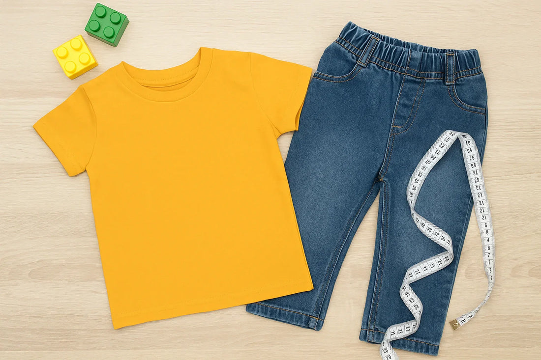 Children’s yellow t-shirt and denim jeans with measuring tape, symbolizing choosing the right size for growing kids at a kiddos shop