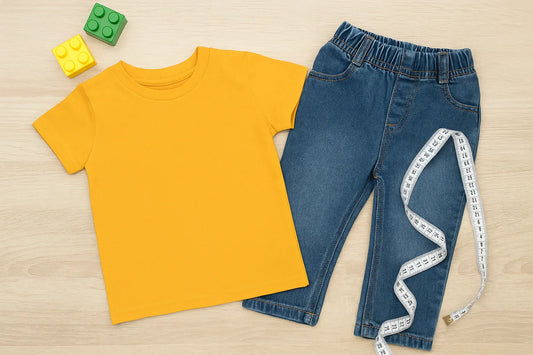 Children’s yellow t-shirt and denim jeans with measuring tape, symbolizing choosing the right size for growing kids at a kiddos shop