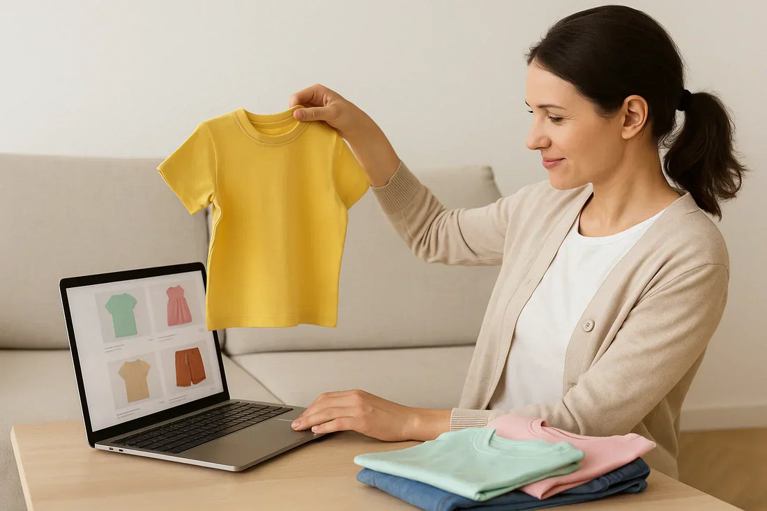 Mother browsing kidswear online shopping options on a laptop while holding a small yellow T-shirt, surrounded by folded children’s clothes in a cozy living room.