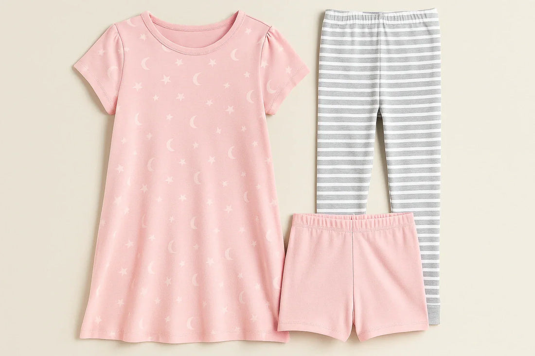 Night dress for childrens displayed with matching joggers and shorts in soft pastel colors, neatly arranged on a neutral background for a cozy look.