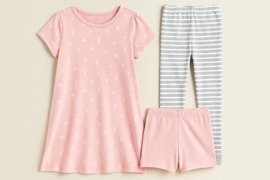 Night dress for childrens displayed with matching joggers and shorts in soft pastel colors, neatly arranged on a neutral background for a cozy look.